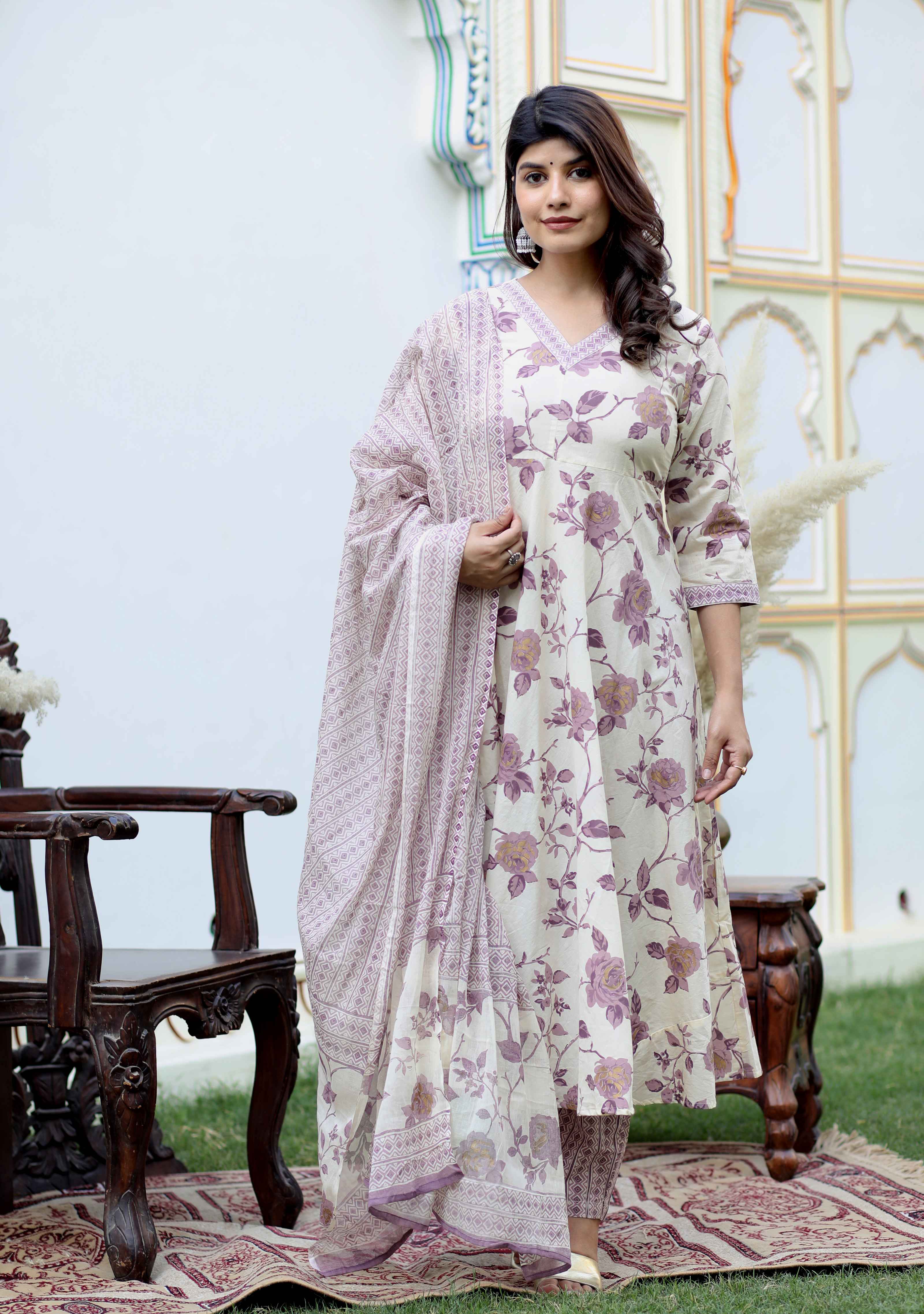 Pink Floral Cotton Anarkali Kurta with Palazzo & Dupatta Set